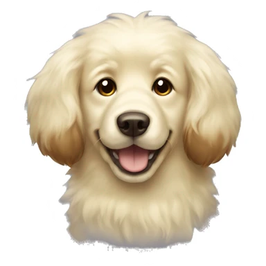 Fluffy light yellow dog with big dark brown ears and nose sticker