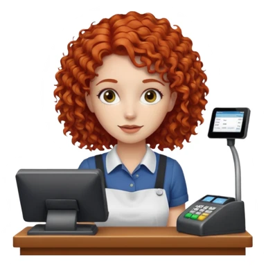 A red-haired curly-haired girl at the cash register sticker