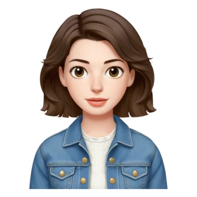 Anne Hathaway with short wavy hair with white cotton dress and denim jacket sticker