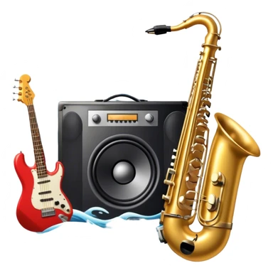 Icon for R&B Music Listening: large concert speakers and headphones with waves of musical notes coming out, along with drums, bass guitar and saxophone. The icon should convey the energetic and rhythmic vibe of R&B music. Transparent background sticker