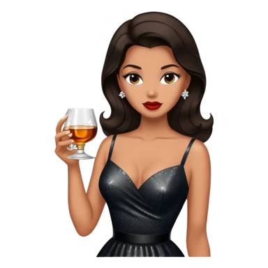 Beautiful woman in 1950’s woman fashion look, black shimmery dress, long dark brown hair, whisky with ice sticker