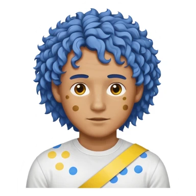 Make me an emoji that has a guy with a white shirt and yellow tape around the shirt with brown and blue spots hair make the hair curly make the yellow tape go around it sticker