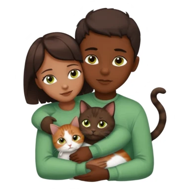 Crea un emoji donde salga un chico moreno con los ojos claros, una chica morena con los ojos marrones y SOLO UN gato europeo comun de pelaje oscuro y ojos verde claro, quiero que se esten abrazando y el gato este en el medio del chico y la chica sticker
