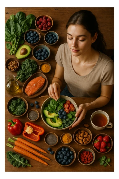 A realistic, cinematic flat-lay image of a clean wooden kitchen table filled with fresh, colorful whole foods known to help reduce androgen excess naturally. The table includes leafy greens like spinach and kale, avocados, berries, colorful vegetables, nuts, seeds (chia and flaxseeds), wild-caught salmon, and herbal teas, carefully arranged in an aesthetically pleasing, organized manner. A small glass bowl with olive oil and another with turmeric powder are included, emphasizing anti-inflammatory properties. In the scene, a young woman with clear, healthy skin and a calm expression is preparing a bowl with these ingredients, symbolizing a hormone-balancing diet. Warm, natural daylight streams in, creating a cozy and inviting atmosphere. The style is hyper-realistic 35mm photography, with vibrant yet soft colors, showcasing textures of the fresh produce and the peaceful vibe of using nutrition to support hormonal balance in italiano sticker