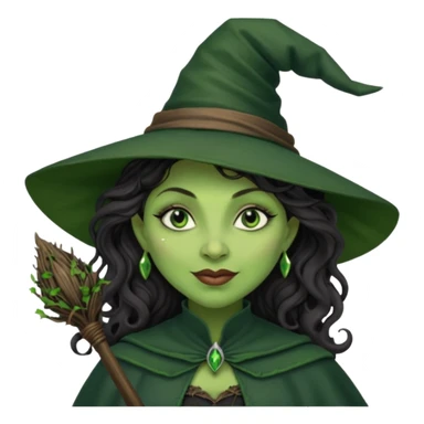 elphaba the wicked witch from wicked movie (cynthia erivo) dark long curly hair, thick lips, wide nose, green skins, witch hat, witch broom, evil, wicked musical film, smirk sticker
