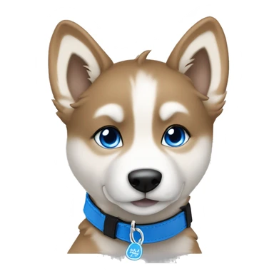  Caramel Frappe Brown husky puppy sitting head tilted gazing at viewer with blue eyes with metallic blue bone as on black collar tag sticker
