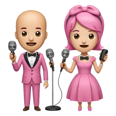 two whimsical characters together as an emoji, one with a wooden cylindrical head and bow tie, the other with a coffee cup head and pink dress, both singing into microphones, matching exact facial expressions and features from reference image, full body, transparent background sticker