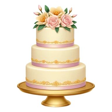 Romantic pastel wedding cake with warm-colored flowers on a gold plate sticker