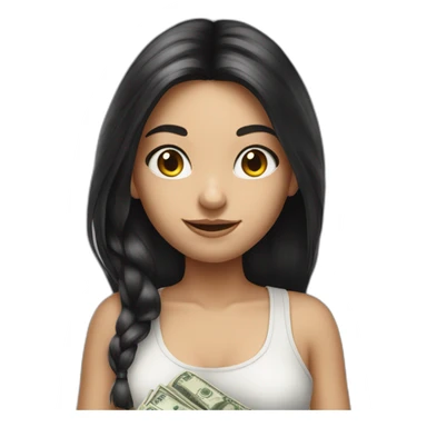 hyperrealist caucasian girl black long hair holding money sticker