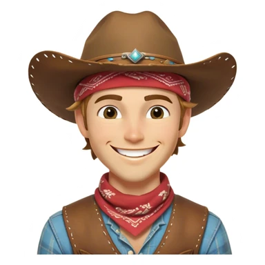 Clash of Clans aesthetic Playful Cowboy Portrait Emoji, Head tilted with a roguish, cheeky grin and twinkling eyes, featuring a compact, charming build with a jaunty hat and a friendly bandana, his natural skin tone adding authenticity, Simplified yet irresistibly charming features, highly detailed, glowing with a warm, inviting western glow, high shine, spirited and lively, stylized with an air of whimsical frontier mischief, soft glowing outline, capturing the essence of a playful cowboy exuding friendly rogue charm! sticker