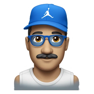 Homme européen avec une moustache portant des lunettes bleues , une casquette jordan bleu , un survêtement bleu sticker