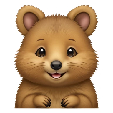 cinematic-quokka-realistic-full-body-standing on its hind legs hunched over-emoji,-small-round-frame-balanced-on-tiny-strong-hind-legs,giant fluffy cheeks large smile-fluffy-brown-fur-radiating-a-warm-softness,-big-round-eyes-filled-with-joy-and-innocence,-tiny-clawed-paws-held-close-to-chest,-cheerful-smile-exuding-endearing-happiness,-simplified-yet-realistic-focused-features,-highly-detailed,-glowing-with-a-sunny-warmth sticker