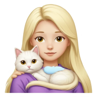 a girl with long blonde hair and a white fluffy cat lying on her left shoulder and neck, emoji style, suitable for Discord and Slack sharing sticker