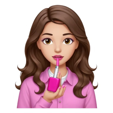 girl with long wavy brown hair, brown eyes, light to medium complexion, in a pink shirt, pink lips, long lashes, puckered lips, showing off painting long nails sticker
