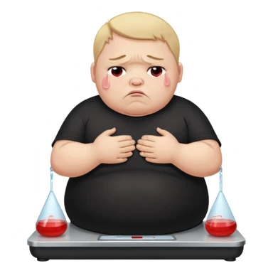 sad fat young boy in black t shirt on weight scale crying with tears on his cheeks sticker