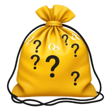tied bag printed with q&a overstuffed with yellow question marks sticker