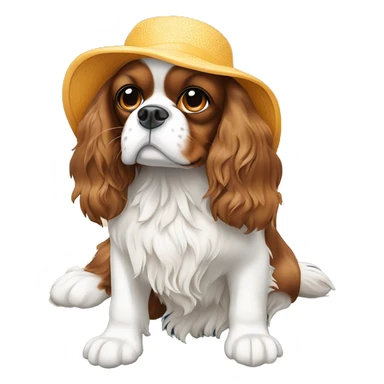 King Charles spaniel sitting by a swimming pool, wearing a sun hat sticker