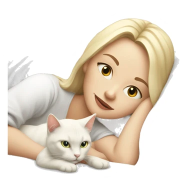 blonde girl lying in bed with a white cat sticker