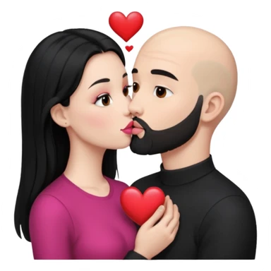 👩🏻‍❤️‍💋‍👨🏻 this one but the man should be bald. white woman with long black hair and white bald young man whoitiut hair and a heart between their heads. she has pink lips and both have brown eyes. he has e full beard but short. both wear black. they kiss slowly sticker