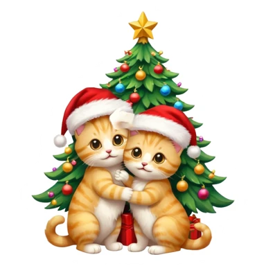 2 gold eyed cute hugging happy fluffy gold kittens with Santa hats by a colorful multicolored brightly lit up Christmas tree sticker