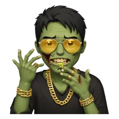 cabelo liso desordenado negro homen con aparencia de zombi y que haga un gesto mostrando los dientes de oro que se agarre la boca con la mano y que sea color piel, ponle unas gafas brasileñas, una camisa negra y que tenga cadenas de oro sticker