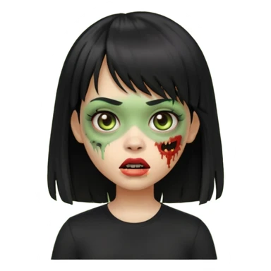 uma garota zumbi no formato Memoji da apple com o cabelo cumprido, preto liso e com franja, blusa preta sticker