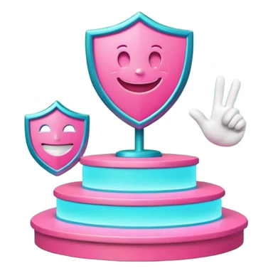 Minimalist 3D emoji-style podium with 2 steps on a green chroma key background. Step 1 (higher) features a handshake icon with blue neon glow. Step 2 (lower) features a smiling tooth with a shield icon and pink neon glow. Clean rendering, soft colors, uniform lighting. sticker