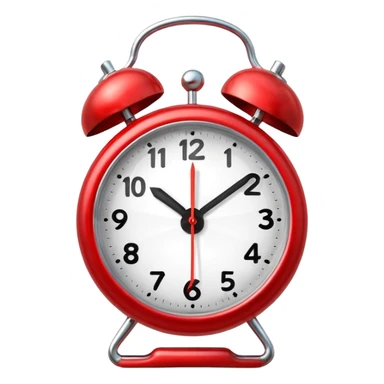 “Classic alarm clock emoji ⏰ in clean 3D style, smooth rounded clock body, bright red color, shiny metallic bells, ultra-glossy plastic texture, reflective surface, clear clock face with simple hands, soft studio lighting, subtle highlights, cute emoji proportions, ultra-polished 3D look,  sticker
