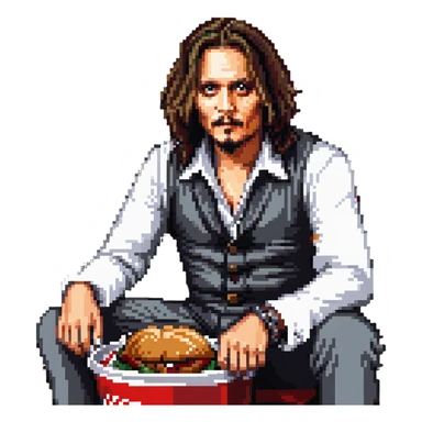 Johnny Depp sitting in a KFC bucket, long hair, goatee sticker