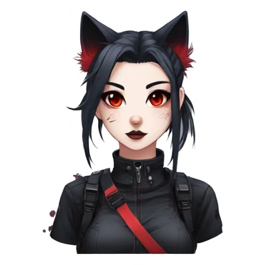 Gorgeous gothic dark techwear anime style anthro cat with blushing face aesthetic and pretty edgy black red punk messy ponytail hair with collar and harness trending style sticker