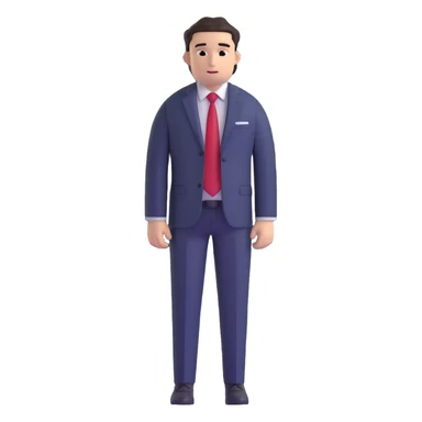 man wearing a dark blue-gray business suit with black horizontal stripes on the arms and legs, white shirt and red tie sticker