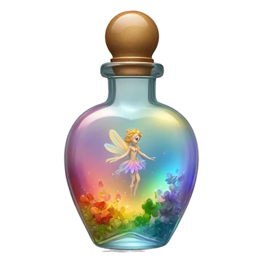 Antique oil heart bottle made of crystal glass of all gentle colors of the light rainbow, a living flower fairy sits at the bottom of the bottle sticker