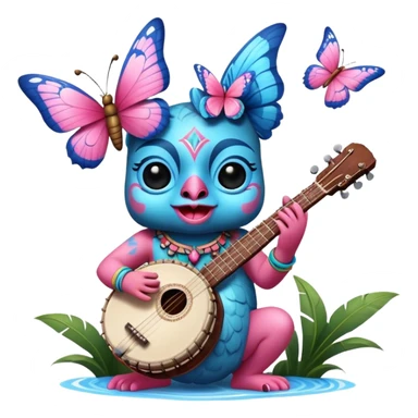 Pixar style little Blue and pink tiki singing with a butterfly and playing a banjo, ultra detailed and lifelike imagery, realistic sticker