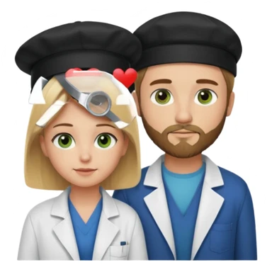 a blonde bearded guy wearing black cap, tall, fair skinned, brown eyes,  looking into the girls eyes who is short than him having green eyes and brown hair, who is in love with the guy, girl is wearing a lab coat, guy is wearing a brown jacket and blue jeans sticker