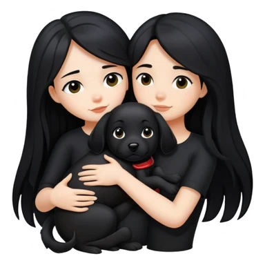 A girl with long black hair wearing black clothes hugs a black dog tightly sticker