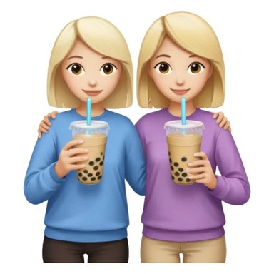 two friends, one blonde and one brunette, standing with their backs, hugging each other with one hand and holding bubble tea with the other, emoji style, both wearing casual clothes sticker