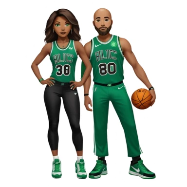 black woman and one white man: 48-year-old black woman with brown eyes, long dark brown balayage hair dressed in sexy 
celtics jersey costume outfit and stilettos with bald white man with ginger beard, and blue eyes, in a Jason Tatum Boston Celtics Jersey, jeans and matching Nike sneakers  sticker