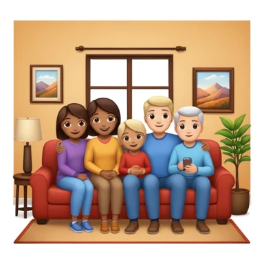 family posing for photo, living room background sticker