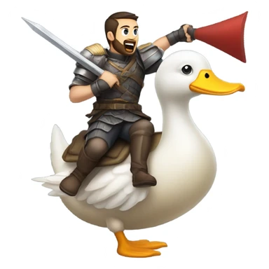 Confident armored White Man with dark brown hair and a short beard pointing forward with one arm yelling a battle charge while riding on the back of a giant duck sticker
