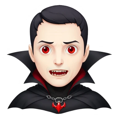 Nam 50 tuổi, mắt đỏ, da trắng, tóc ngắn màu đen, có răng nanh, mặt hơi đáng sợ như ma cà rồng, áo măng tô cổ cao màu đen, nửa thân trên sticker