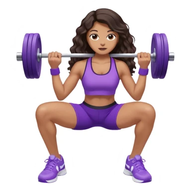mujer de tez trigueña, con cabello castaño oscuro ondulado con pequeñas ondas, con el cabello super largo hasta las rodillas estilizado, con ropa deportiva morada/lila, tenis blancos deportivos y levantando una pesa sticker
