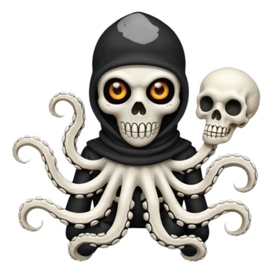 satanic octopus skeleton with scary evil eyes, wearing a black balaclava. 2 tentacles are each holding a skeleton bone sticker