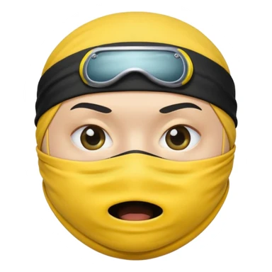 ninja face emoji, yellow color, black headband, black mask covering mouth, simple style, big round eyes, mouth fully hidden, no cup shape sticker