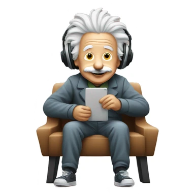 albert einstein happy listening music with wireless headphones while sitting on the chair sticker
