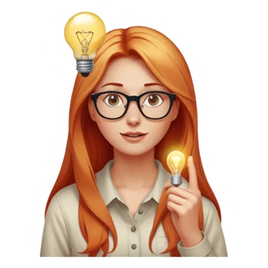 intelligent and clever, 30 year old, girl, long red and almost blond hair, glasses, has an brillant idea, light bulb next the her head in the air, casual cloth  sticker