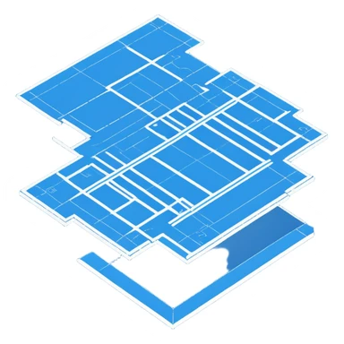 blue blueprint plan with white lines, isometric angle showing both side and top sticker
