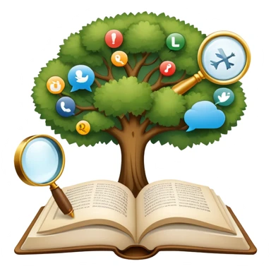 An icon featuring an open book, a speech bubble, and a linguistic tree, symbolizing philology and linguistics. The design includes alphabets, language symbols, and a magnifying glass, representing the study of language, structure, and meaning. Transparent background sticker