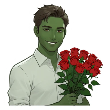 male memoji, handsome man in white shirt, holding a big bouquet of red roses, gentle smile, soft romantic eyes sticker