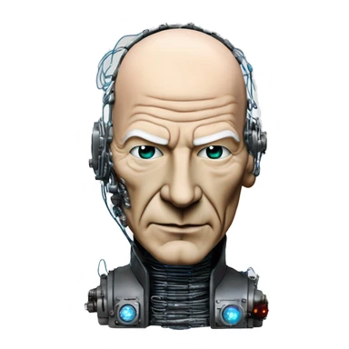 Jean luc picard from Star Trek assimilated by the Borg, with mechanical metal covering the left side of his face, with wires and a red light on the left side. His eyes are blue sticker