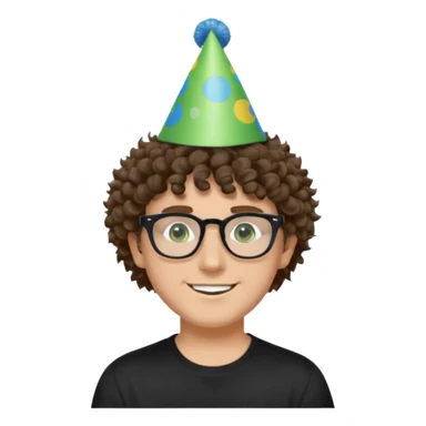 A white guy with curly brown hair and green eyes with a happy face, and wear square black glasses.He’s also got a full silver birthday party hat on his head with blue pom poms on top of it, and his T-shirt is all black, he wears a little gold circle earrings on his left  sticker